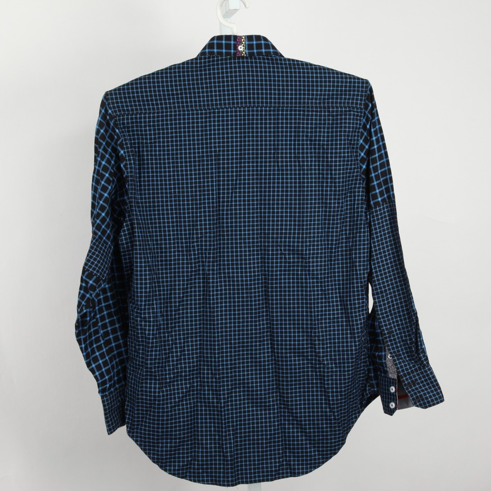 Robert Graham Button Down Shirt Mens L Blue Black Grid Flip Cuff Long Cleeves - Picture 3 of 12